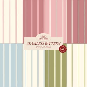 May include: A digital collection of seamless striped patterns in various color palettes including cream, dusty rose, light blue, and olive green. A central label displays the text otro nido SEAMLESS PATTERN JPG/12"x12"/300dpi with a small red seal.