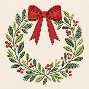 Peut inclure: Un motif de couronne brodé présentant un grand nœud rouge vif sur le dessus. La composition circulaire se compose de feuilles de différentes nuances de vert, d'aiguilles de pin et de grappes de petites baies rouges sur un tissu crème clair.