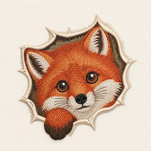 May include: An embroidered patch featuring a fox head peeking through a jagged, torn-effect opening. The fox has vibrant orange fur, white accents on the face and ears, dark brown ears, and a single paw visible. The border mimics ripped fabric.