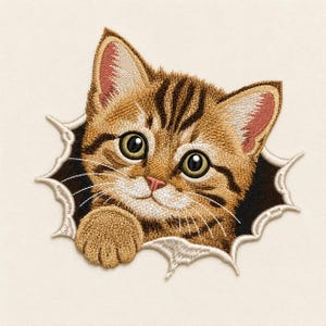 May include: An embroidered patch featuring a brown tabby kitten with large green eyes and a pink nose, appearing to peek through a jagged, torn-paper style opening. The kitten has dark brown stripes on its head and one paw visible in the foreground.