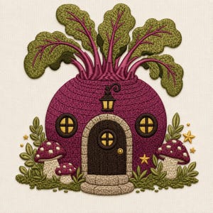 Motif de broderie « Maisonnette betterave », Maison de jardin féerique, Motif machine fantaisiste (Fichier numérique)