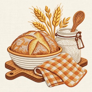 May include: An embroidered design featuring a round loaf of bread in a white bowl, a glass jar filled with flour and a wooden spoon, stalks of golden wheat, and a folded orange and white checkered cloth on a wooden cutting board.