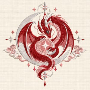 May include: An embroidery design featuring a red dragon with white accents coiled around a silver crescent moon. The dragon holds a circular patterned orb with a central star. The composition includes stylized clouds and small four-pointed stars.