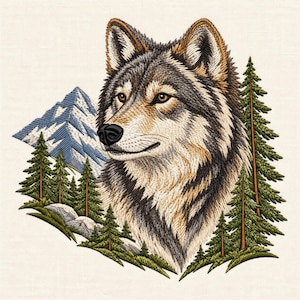 May include: An embroidered patch featuring a detailed wolf head in shades of gray, brown, and white. The wolf is surrounded by green pine trees and a blue and white mountain peak, all rendered with intricate thread stitching on fabric.