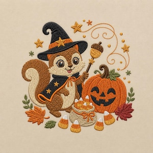 May include: An embroidery design featuring a brown squirrel wearing a black witch hat and cape with gold stars. The squirrel holds an acorn wand next to a jack-o'-lantern, a sack of candy corn, scattered autumn leaves, and gold star accents.