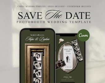 Peut inclure: Un modèle d'invitation de mariage numérique pour Canva sur fond vert olive foncé. Le design présente deux écrans de smartphone affichant une bande de photomaton avec le texte "SAVE THE DATE" et "Sealed with Love. Hope & Dylan".