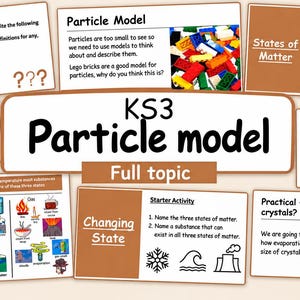 Può includere: Una raccolta di diapositive didattiche intitolata KS3 Particle Model, che mostra diagrammi sugli stati della materia, un mucchio di mattoncini colorati in plastica, cubetti di ghiaccio, un esperimento sui cristalli e attività introduttive per le lezioni.