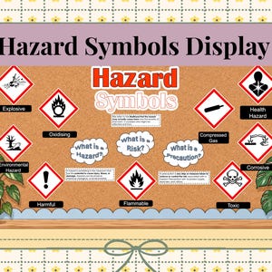 May include: A cork bulletin board titled Hazard Symbols Display featuring various red-bordered diamond-shaped hazard warning signs with black icons and text labels including Explosive, Oxidising, Environmental Hazard, Harmful, Flammable, Compressed Gas, Health Hazard, Corrosive, and Toxic.