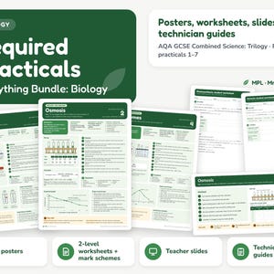 May include: A collection of educational biology materials titled Required Practicals Everything Bundle Biology. The set includes A3 posters, worksheets, slides, and technician guides for AQA GCSE Combined Science Trilogy, featuring diagrams, tables, and instructional text on topics like food tests, osmosis, and enzymes.