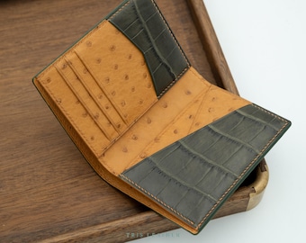 Personalized Olive Alligator Leather  Bifold Wallet, Ostrich Leather - Engraved Christmas Gift