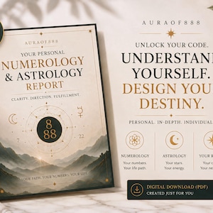 Könnte beinhalten: Ein digitaler PDF-Download mit dem Titel Your Personal Numerology & Astrology Report, der goldenen Text, himmlische Symbole und eine Berglandschaft zeigt. Das Dokument enthält den Text Unlock Your Code, Understand Yourself, Design Your Destiny.