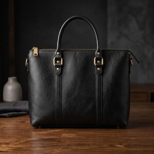 May include: A black leather handbag featuring two vertical straps on the front, gold-toned metal hardware, a top zipper closure, and two rounded handles. The bag has a smooth, structured design with visible stitching along the vertical accents.