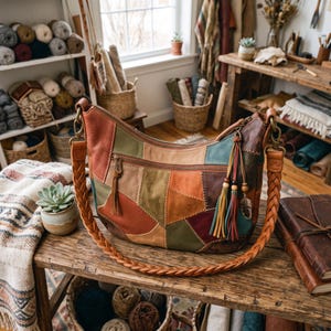 Patchwork Leather Crossbody Bag, Boho Multicolor Shoulder Bag, Handmade Hobo Purse with Braided Strap, Fringe Tassel Gift