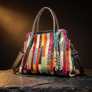 May include: A multi-colored handbag featuring a vertical patchwork design with various textured panels in shades of red, yellow, green, blue, and metallic gold. The bag includes two braided handles, two decorative tassels, and a detachable shoulder strap.