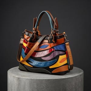 Puede incluir: Un bolso de mano multicolor con base negra y parches de cuero curvos superpuestos en tonos rojo, amarillo, azul, naranja, morado y verde oliva. El bolso incluye dos asas superiores, una correa de hombro desmontable y herrajes plateados.