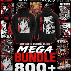 Può includere: Una collezione digitale di oltre 800 design grafici PNG a tema anime con personaggi di Hellsing e Attack on Titan. L'immagine mostra felpe nere con cappuccio stampate con illustrazioni di Alucard ed Eren Yeager, insieme a vari ritratti.