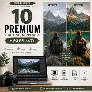 May include: A digital product listing for 10 premium film-inspired Lightroom presets and free LUTs. The graphic displays a before and after comparison of a mountain landscape photo, a laptop showing editing software, and icons for file compatibility.