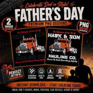 Pode incluir: Um conjunto gráfico digital apresentando duas variações de uma ilustração de caminhão vermelho com o texto HAWK & SON HAULING CO. e Our Dedication Is Over The Top. Os designs incluem a frase Because The World Meets Nobody Half Way.