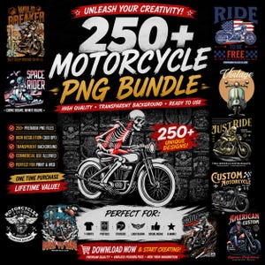Op de afbeelding: Een digitale collectie van 250+ motorfiets PNG-bestanden met diverse grafische ontwerpen, waaronder skeletten op motoren, vintage scooters en illustraties van custom motoren met tekstoverlays zoals Wild Breaker en Space Rider.