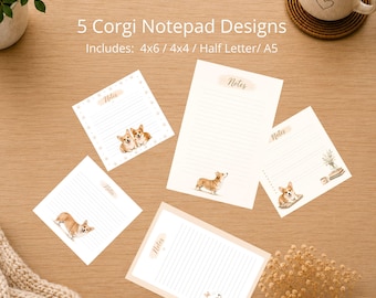 Blocchetto note con disegni di Corgi / 5 pagine con cani (download digitale)