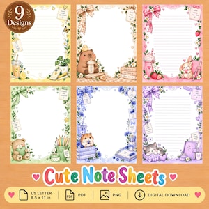Puede incluir: Una colección de nueve hojas de notas digitales con papel rayado y bordes coloridos decorados con ilustraciones de animales, plantas, lazos y notas de texto motivadoras, presentadas sobre un fondo con textura de madera.