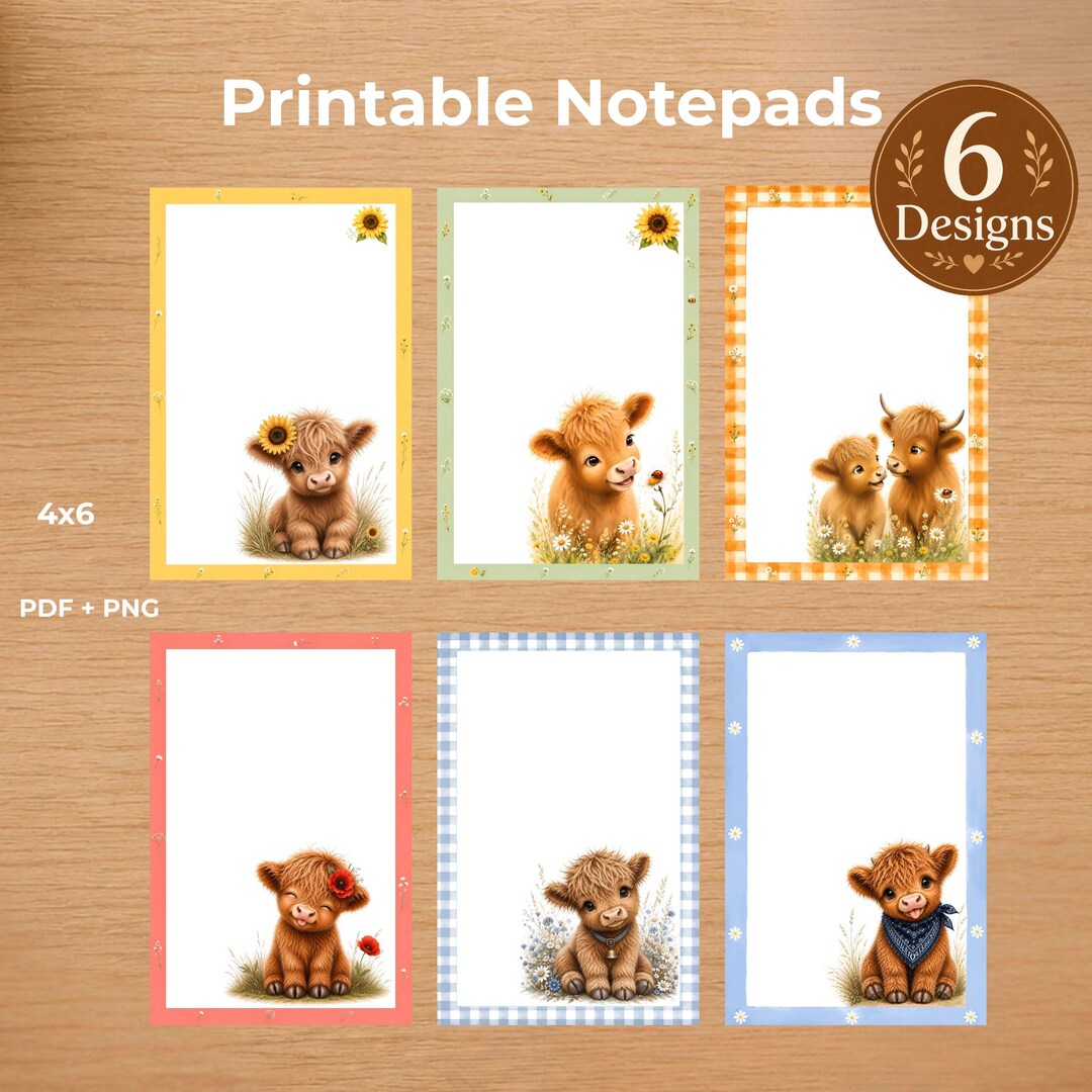 Highland Cow Notepad Bundle | 6 Designs | Printable Stationery (4x6 PDF ...