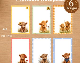 Highland Cow Notepad Bundle | 6 Designs | Printable Stationery (4x6 PDF, PNG)| Kids Notepad