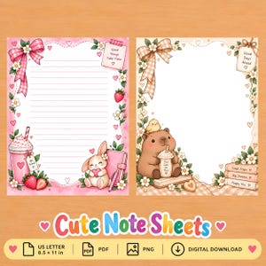 May include: Two printable note sheets featuring decorative borders with flowers, ribbons, and hearts. The left sheet is pink with lined paper, a strawberry drink, and a bunny. The right sheet is beige with a capybara, a chick, and stacked books.