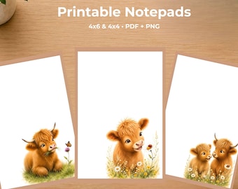 Notitieblok met Schotse hooglandkoeien | Printbaar briefpapier | Cadeau voor koeienliefhebbers | 3 notitieblokontwerpen | PNG PDF | Direct downloaden