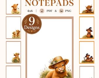 Highland Cow Printable Notepad | 9 Memo Pad Designs | PDF PNG | Cow Notepad Bundle | Instant Download