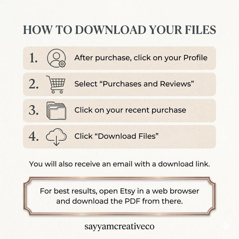 May include: An instructional graphic titled HOW TO DOWNLOAD YOUR FILES with four numbered steps featuring icons for a profile, shopping cart, folders, and a download cloud. It includes text instructions and a note to use a web browser for downloads.