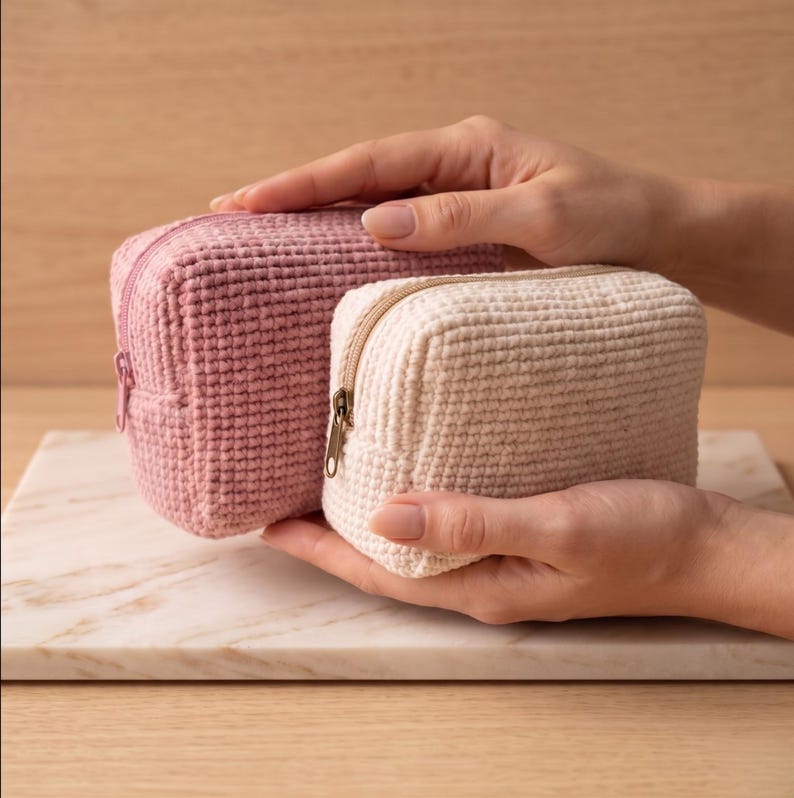 May include: Two rectangular zippered pouches with a textured, grid-like crochet pattern. One pouch is a dusty rose pink with a matching pink zipper, and the other is a cream off-white color featuring a metallic zipper with a brass-toned pull.