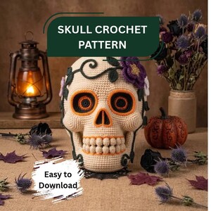 Häkelanleitung für einen Totenkopf | Blumenmuster für Halloween-Totenkopf | Gothic-Deko | Halloween-Deko zum Selbermachen | Digitale PDF-Anleitung zum Download