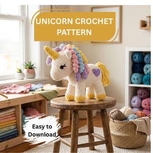 Virkmönster för enhörning i PDF-format, Amigurumi-mönster för sittande enhörning, Virkhandledning för fantasiplysch, DIY-mönster för mytisk enhörningplysch