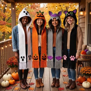Peut inclure: Quatre écharpes à capuche sur le thème d'Halloween : un fantôme blanc aux yeux noirs, une citrouille orange avec une tige verte, une chauve-souris grise aux ailes violettes et un chat noir aux yeux verts avec des empreintes de pattes roses.