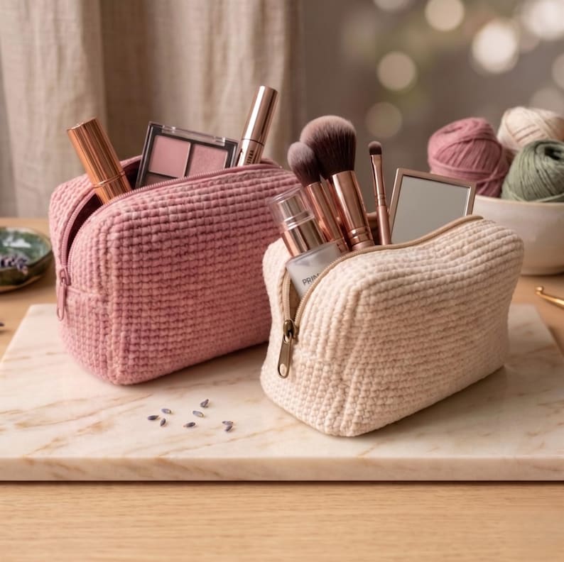 May include: Two rectangular zippered pouches with a textured waffle-knit exterior, one in dusty rose and one in cream. The pouches are filled with various cosmetic items, including makeup brushes, a small mirror, and tubes of beauty products.