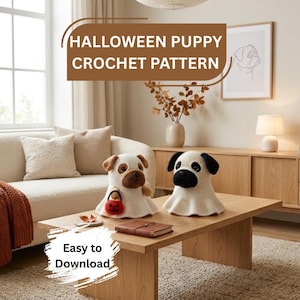 May include: Two crocheted pug figures dressed as ghosts, one with a brown face and a small orange pumpkin bucket, the other with a black face. The image includes the text HALLOWEEN PUPPY CROCHET PATTERN and Easy to Download on a white brush stroke.