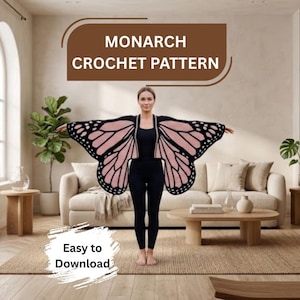 May include: A crochet garment designed to resemble butterfly wings with a black and pink color scheme. The piece features a wing-like silhouette with intricate black borders and pink panels. Text on the image reads MONARCH CROCHET PATTERN and Easy to Download.