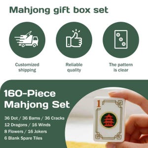 May include: A 160-piece Mahjong set featuring a white tile with a red pagoda graphic and the number 1. The set includes 36 dot, 36 bam, 36 crack, 12 dragon, 16 wind, 8 flower, 16 joker, and 6 blank spare tiles, presented with icons for shipping, quality, and pattern clarity.