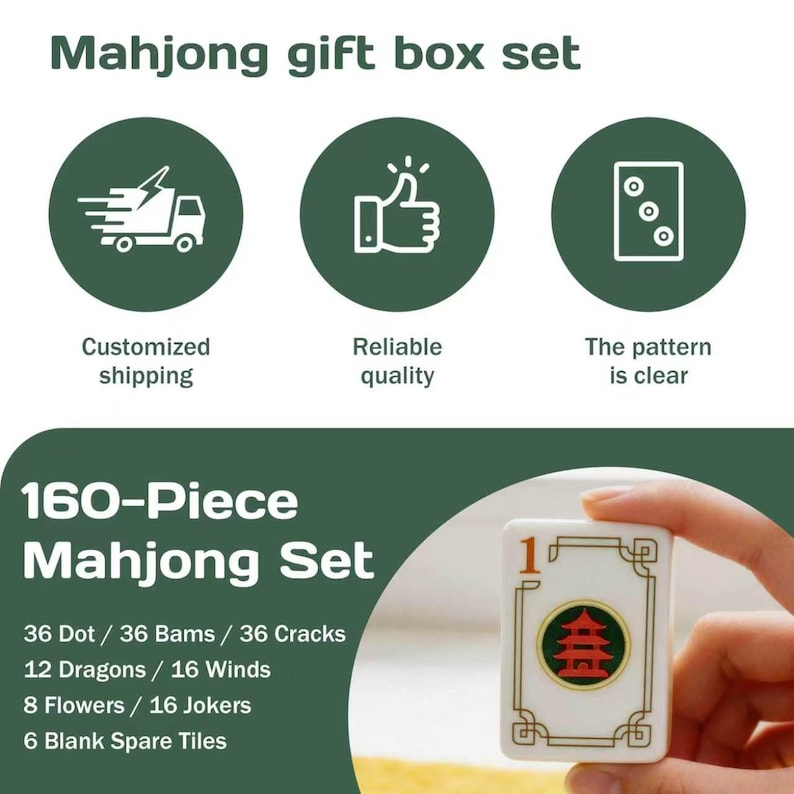 May include: A 160-piece Mahjong set featuring a white tile with a red pagoda graphic and the number 1. The set includes 36 dot, 36 bam, 36 crack, 12 dragon, 16 wind, 8 flower, 16 joker, and 6 blank spare tiles, presented with icons for shipping, quality, and pattern clarity.