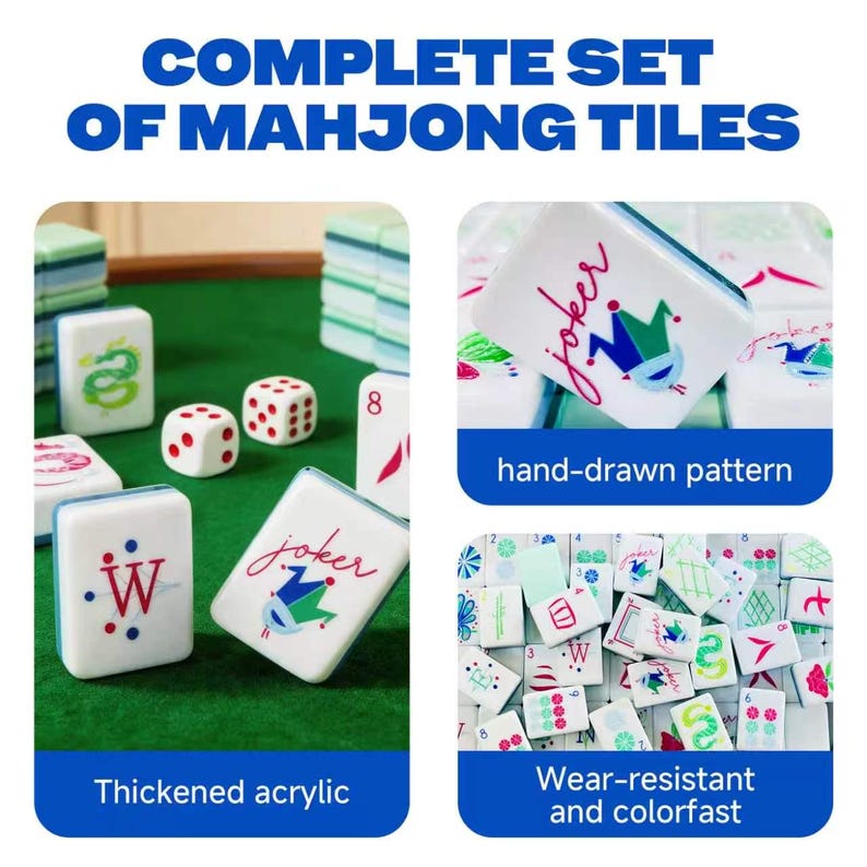Puede incluir: Un juego completo de fichas de mahjong hechas de acr&iacute;lico grueso. Las fichas blancas presentan patrones dibujados a mano, incluido un dise&ntilde;o de joker con un gorro de buf&oacute;n y la letra W. Se incluyen dos dados blancos con puntos rojos.