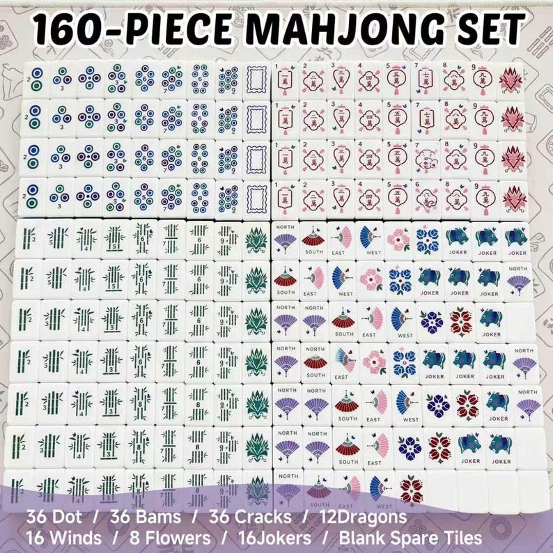 May include: A 160-piece mahjong set featuring white tiles with colorful engraved designs. The set includes dot, bam, and crack suits, dragon tiles, wind tiles, flower tiles, joker tiles, and blank spare tiles with various patterns.