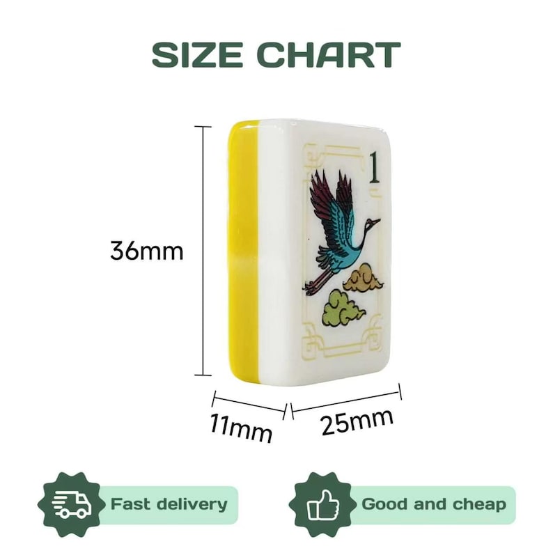 May include: A white and yellow mahjong tile featuring a crane illustration and the number 1. The tile is labeled with dimensions of 36mm in height, 25mm in width, and 11mm in depth. The text SIZE CHART is displayed above the tile.
