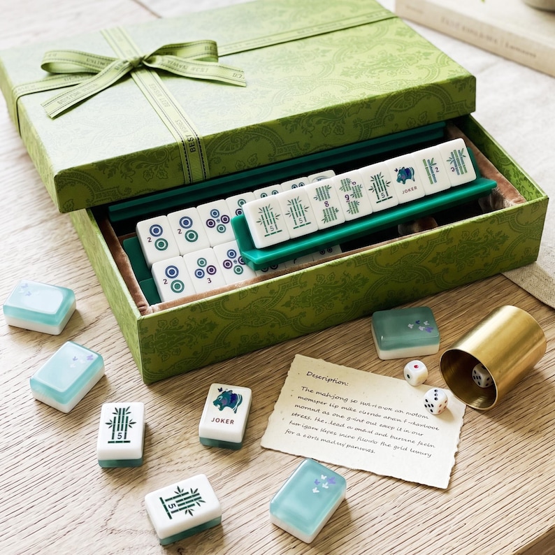 Custom Mint Green Butterfly Mahjong Set, 160 Hand-Painted Acrylic Tiles image 2
