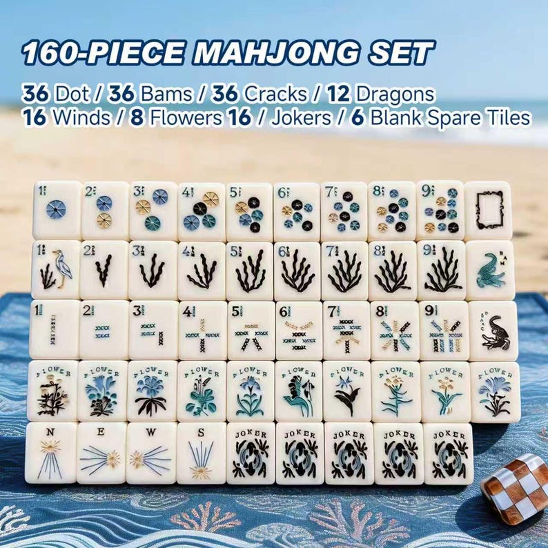 May include: A 160-piece mahjong set featuring off-white tiles with blue, black, and gold engraved designs. The set includes dots, bams, cracks, dragons, winds, flowers, jokers, and blank tiles, with text detailing the specific tile counts.