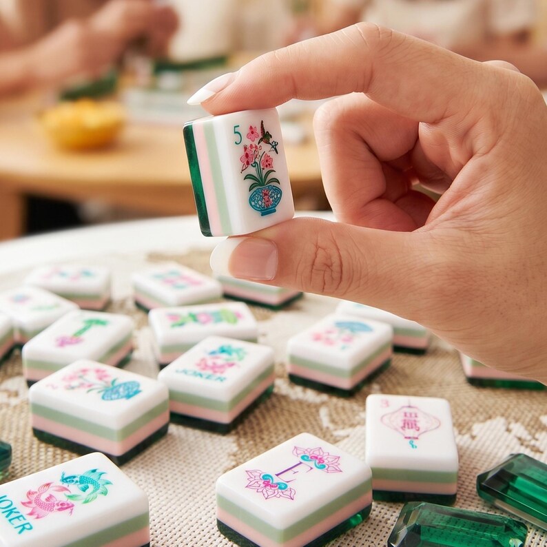 May include: A rectangular mahjong tile with a white top surface featuring a green number 5 and a colorful illustration of a hummingbird hovering over flowers in a blue vase. The tile has layered green and pink sides with a translucent green base.