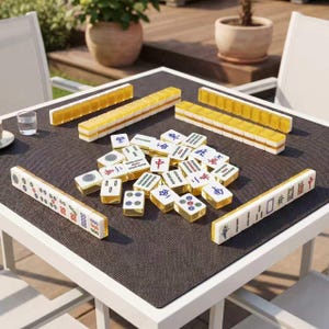 May include: A mahjong set featuring white tiles with gold-colored backs and various black, red, green, and blue character and symbol engravings. The set includes several long racks of tiles and a central pile of individual tiles on a dark surface.