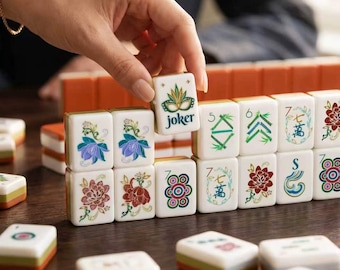 Custom Orange American Mahjong Set, 160 Hand-Painted Floral Tiles