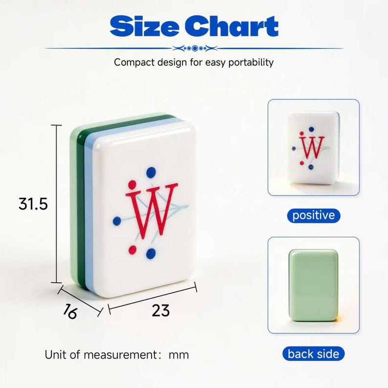 Puede incluir: Una ficha de mahjong rectangular con cara blanca, una letra W roja y puntos azules. La ficha tiene capas laterales verdes y azules. Las dimensiones son 31,5 mm por 23 mm por 16 mm. Incluye una vista positiva y una parte posterior verde claro.