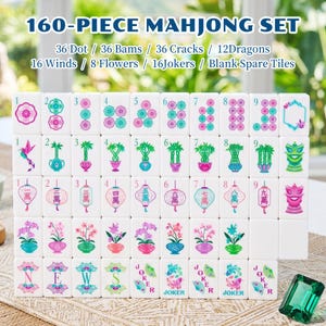 Custom Emerald Green American Mahjong Set, 160 Hand-Painted Floral Tiles image 1